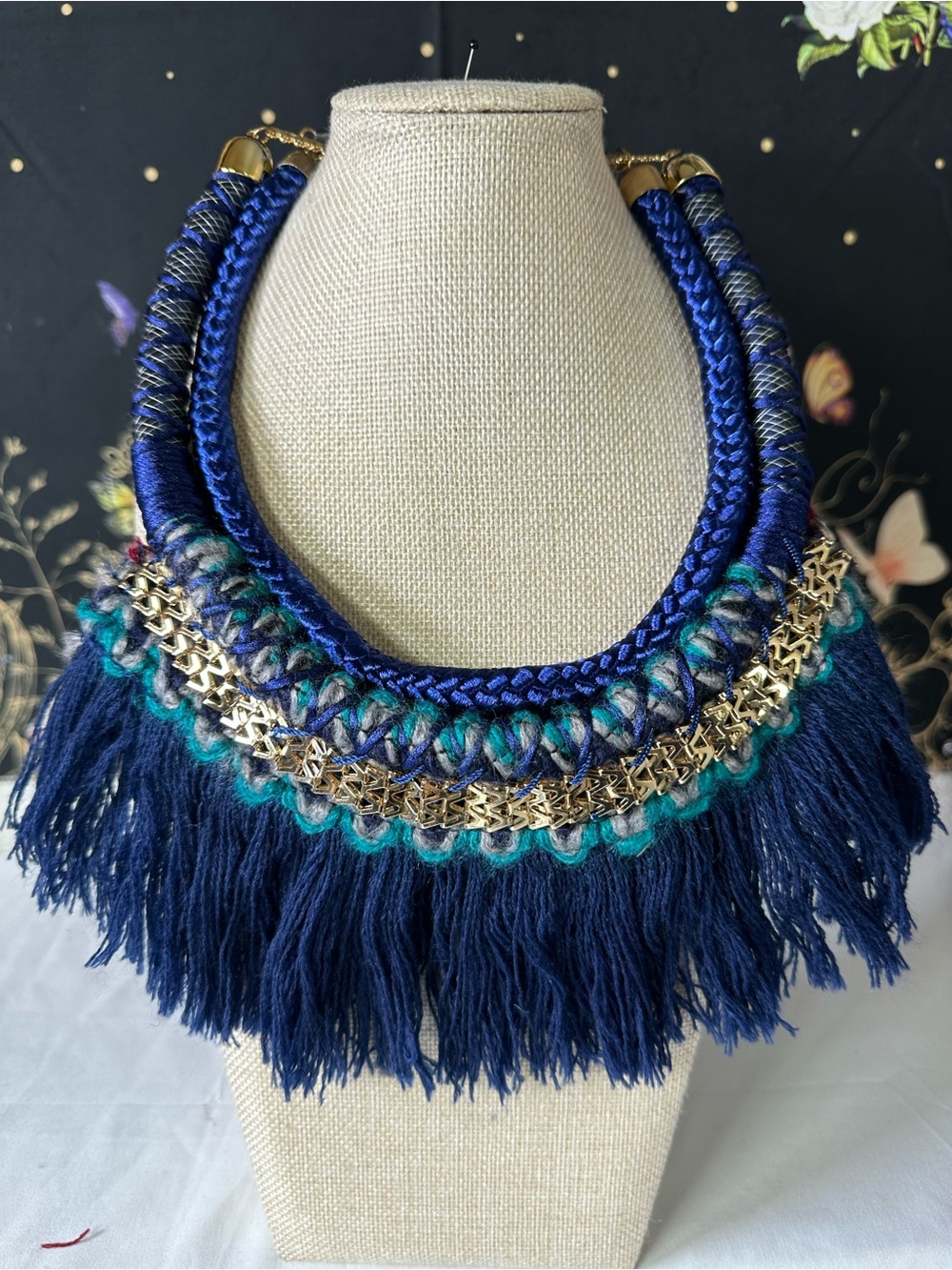 Handcrafted Navy Blue Fringe Statement Necklace (Some Fringes are Frazzled)